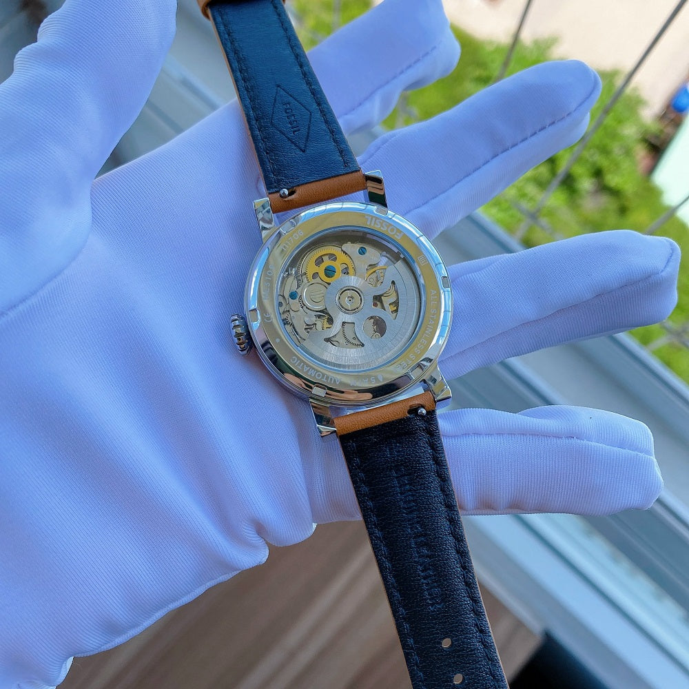 Fossil Boyfriend Automatic Skeleton Silver Dial Brown Leather Strap Watch for Women - ME3109 Watches Fossil   
