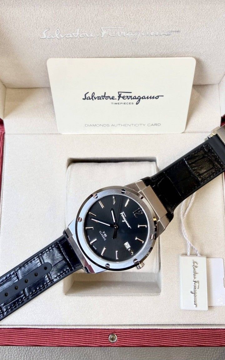 Salvatore Ferragamo F-80 Classic Black Dial Black Leather Strap Watch for Men - SFDT00619 Watches Salvatore Ferragamo   