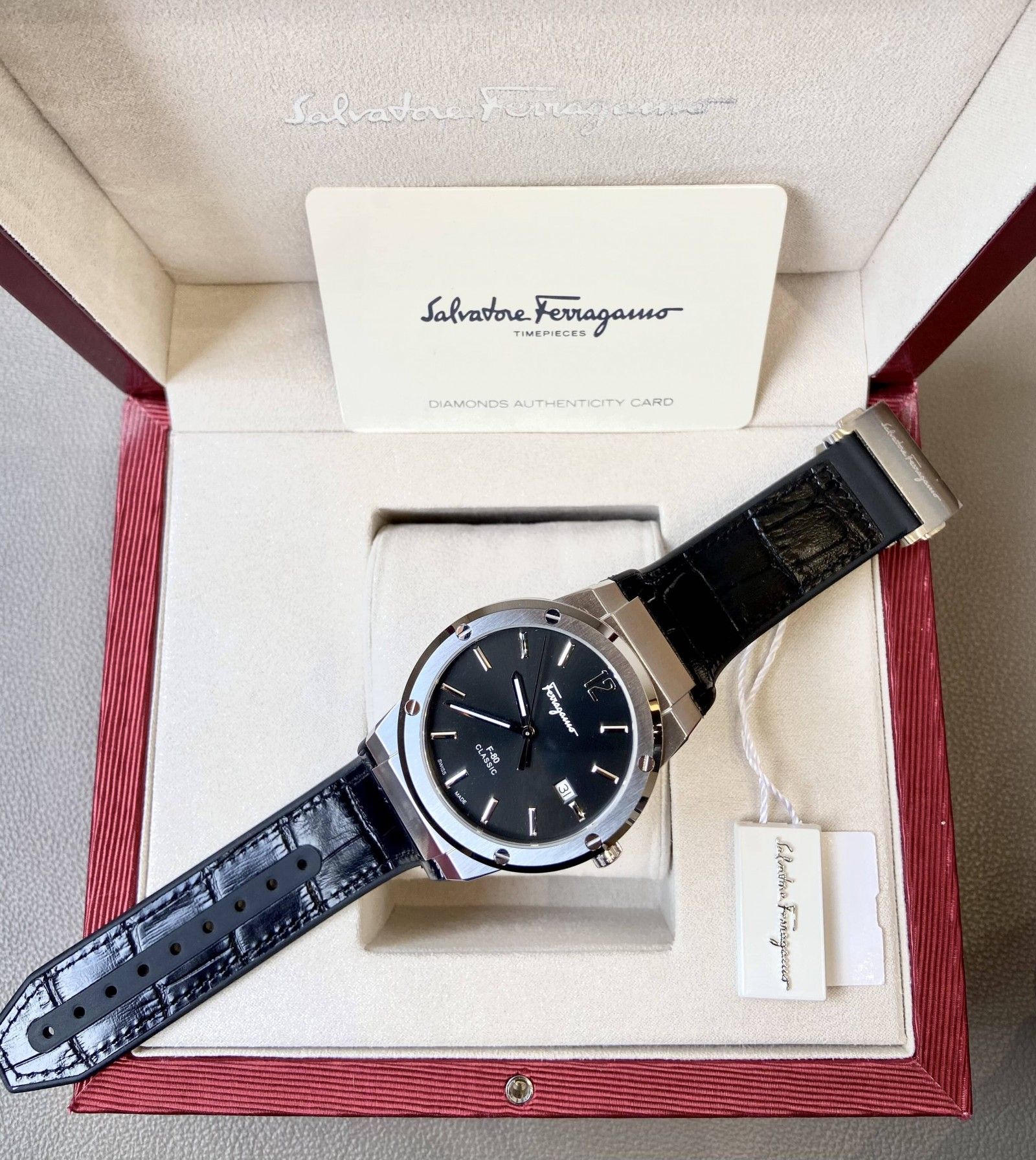Salvatore Ferragamo F-80 Classic Black Dial Black Leather Strap  Watch for Men - SFDT00219 Watches Salvatore Ferragamo   