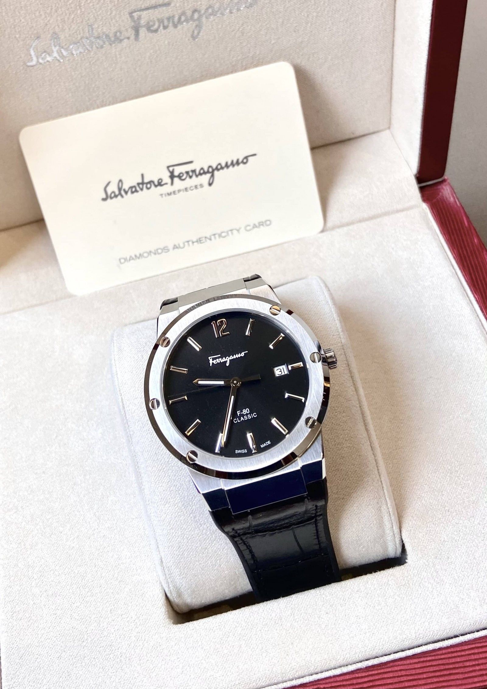 Salvatore Ferragamo F-80 Classic Black Dial Black Leather Strap  Watch for Men - SFDT00219 Watches Salvatore Ferragamo   