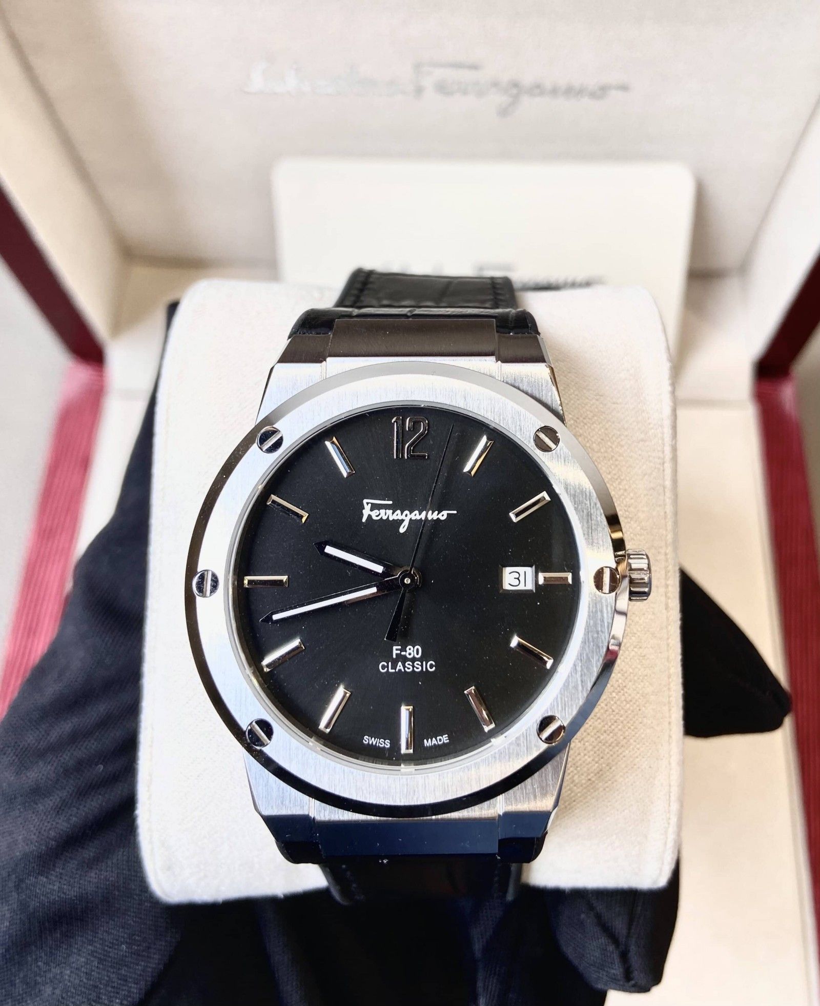 Salvatore Ferragamo F-80 Classic Black Dial Black Leather Strap  Watch for Men - SFDT00219 Watches Salvatore Ferragamo   