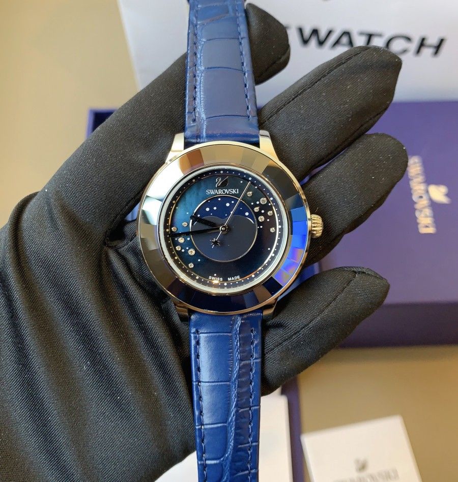 Swarovski Octea Lux Moon Crystal Blue Dial Blue Leather Strap Watch for Women - 5516305 Watches Swarovski   