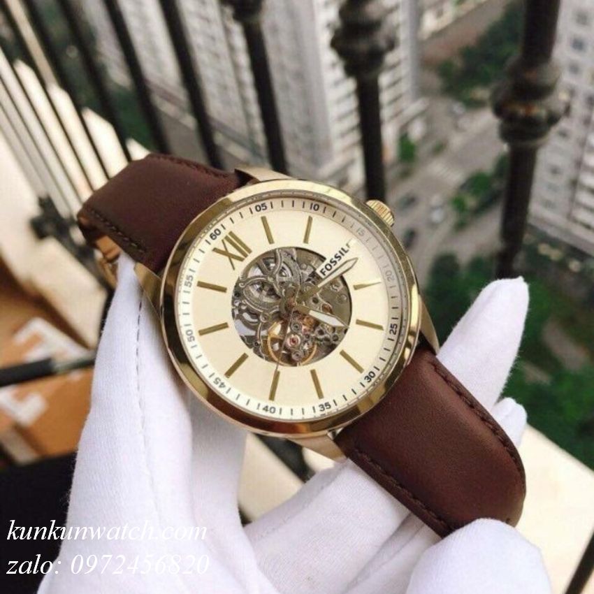 Fossil Flynn Mechanical Skeleton Champagne Dial Brown Leather Strap Watch for Men - BQ2215 Watches Fossil   