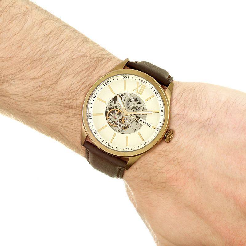 Fossil Flynn Mechanical Skeleton Champagne Dial Brown Leather Strap Watch for Men - BQ2215 Watches Fossil   