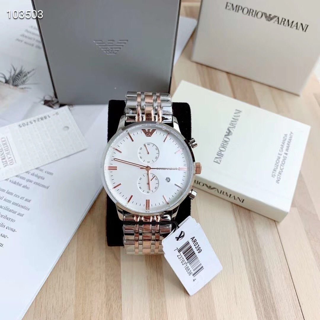 Emporio Armani Chronograph White Dial Two Tone Stainless Steel Strap Watch For Men - AR0399 Watches Emporio Armani   