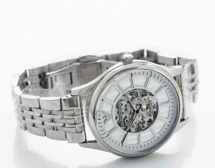 Emporio Armani Meccanico Silver Skeleton Dial Stainless Steel Watch For Men - AR1945 Watches Emporio Armani   