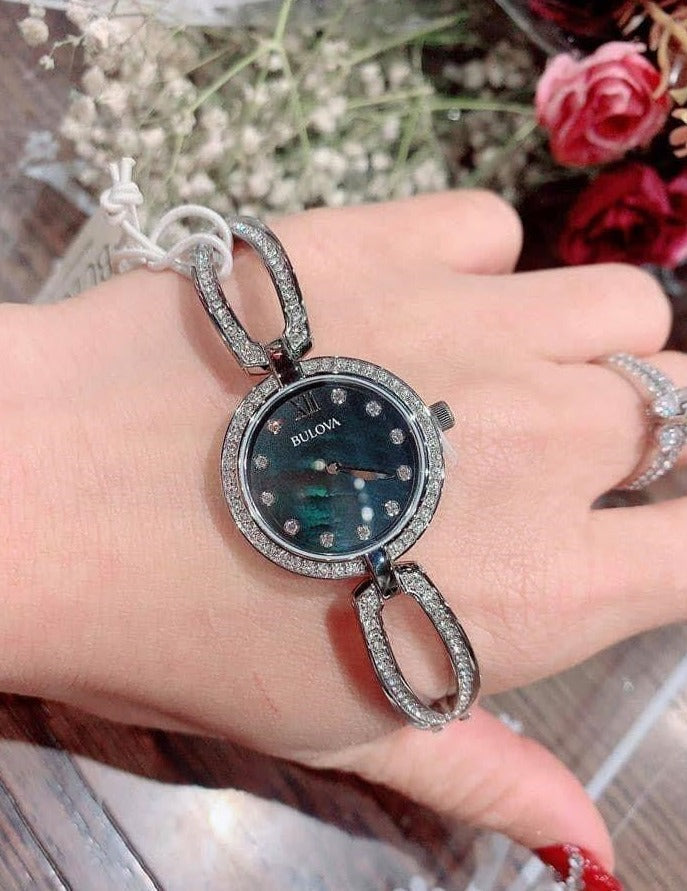 Bulova Crystal Black Mother of Pearl Dial Silver Steel Strap Watch for Women - 96L224 Watches Bulova   