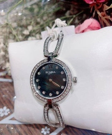 Bulova Crystal Black Mother of Pearl Dial Silver Steel Strap Watch for Women - 96L224 Watches Bulova   