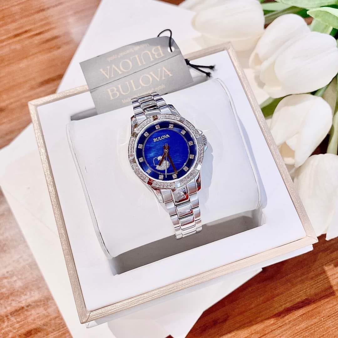 Bulova Crystal Collection Blue Mother of Pearl Dial Silver Steel Strap Watch for Women - 96L238 Watches Bulova   