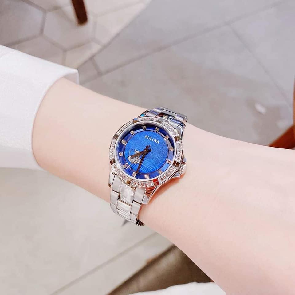 Bulova Crystal Collection Blue Mother of Pearl Dial Silver Steel Strap Watch for Women - 96L238 Watches Bulova   