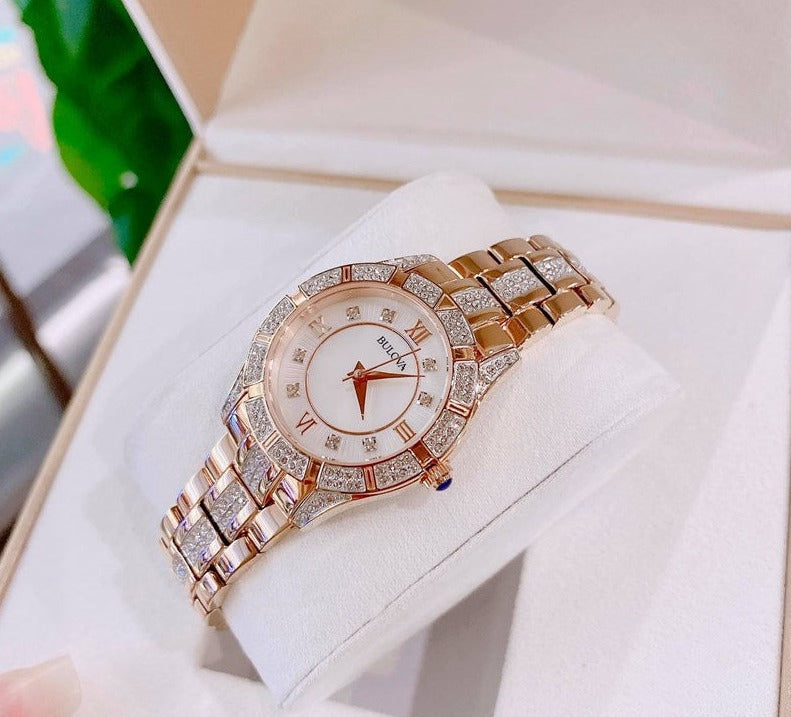 Bulova Crystal Mother of Pearl Dial Rose Gold Steel Strap Watch for Women - 98L197 Watches Bulova   