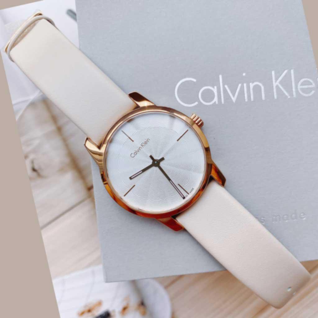 Calvin Klein City Silver Dial White Leather Strap Watch for Women - K2G236X6 Watches Calvin Klein   