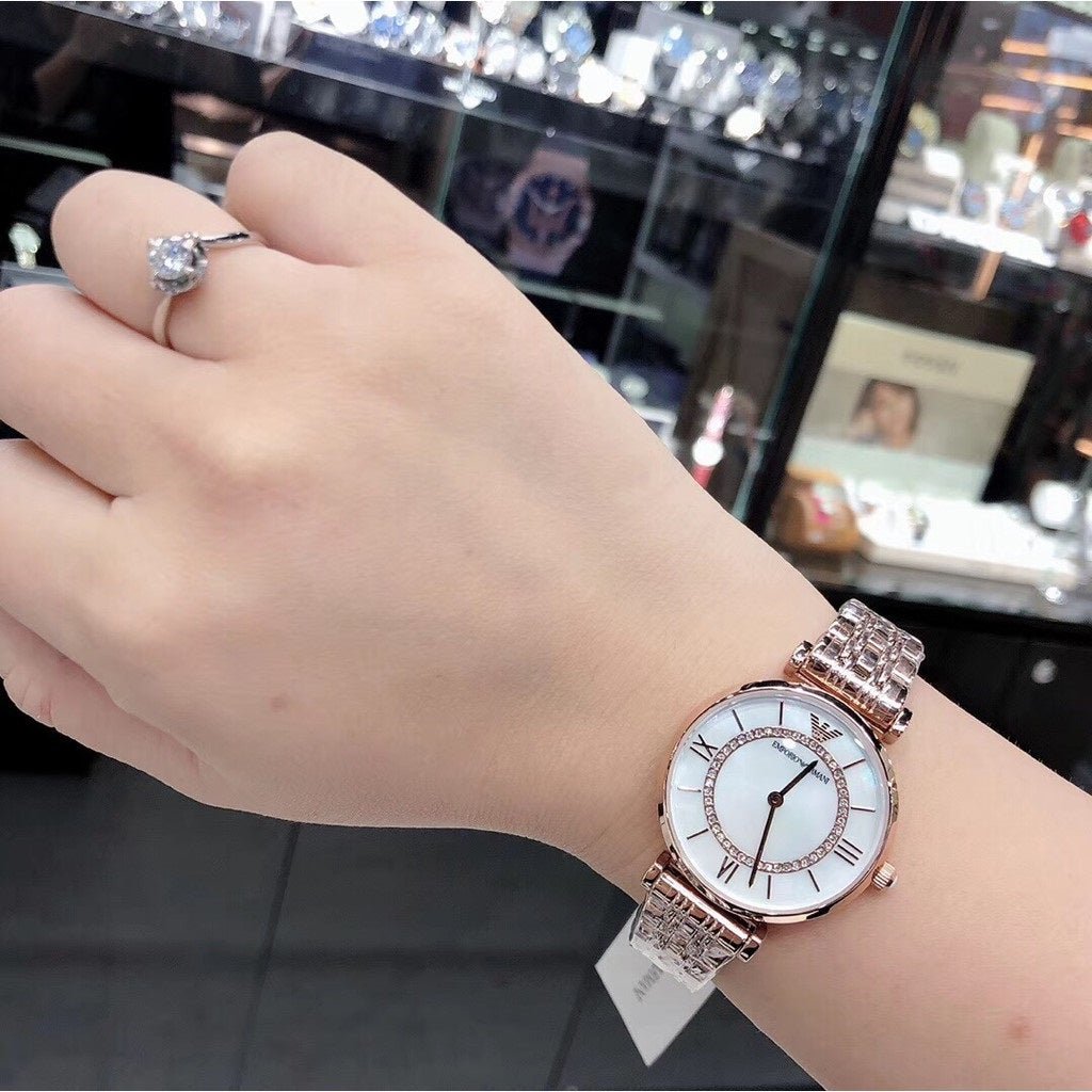 Emporio Armani Gianni T Bar Mother of Pearl Rose Gold Stainless Steel Strap Watch For Women - AR1909 Watches Emporio Armani   