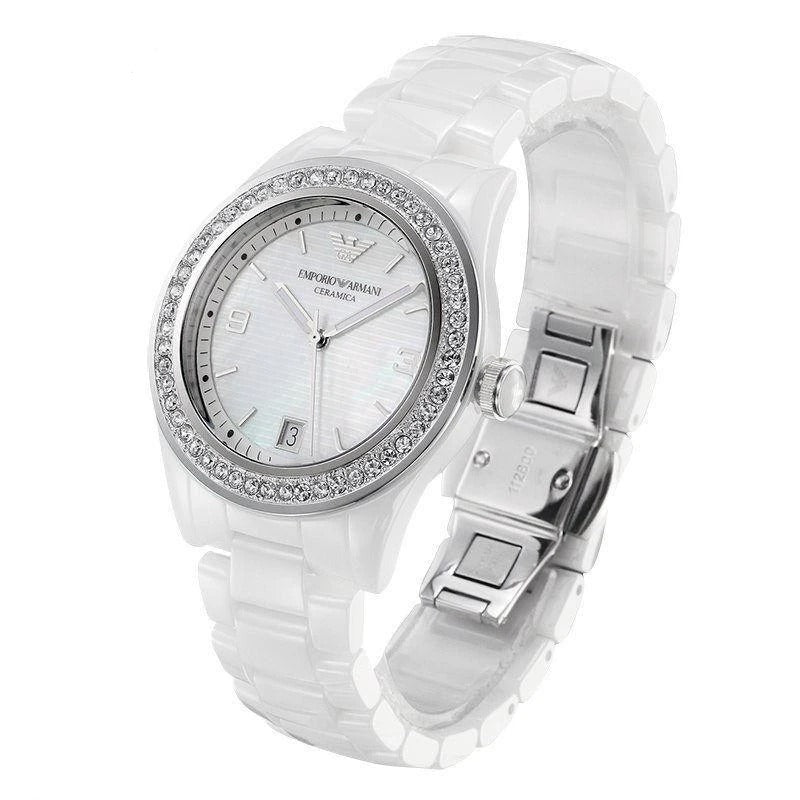 Emporio Armani Ceramica White Mother of Pearl Dial Stainless Steel Strap Watch For Women - AR1426 Watches Emporio Armani   