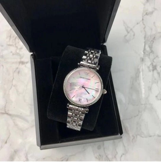 Emporio Armani Gianni T Bar Pink Mother of Pearl Dial Silver Stainless Steel Watch For Women - AR1779 Watches Emporio Armani   