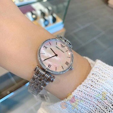 Emporio Armani Gianni T Bar Pink Mother of Pearl Dial Silver Stainless Steel Watch For Women - AR1779 Watches Emporio Armani   