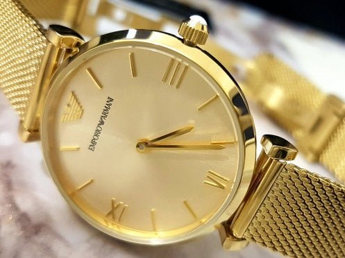 Emporio Armani Retro Gold Dial Gold Mesh Bracelet Watch For Women - AR1957 Watches Emporio Armani   