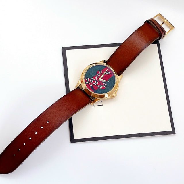 Gucci Le Marche Des Merveilles Green and Red Dial Brown Leather Strap Unisex Watch - YA1264012 Watches Gucci   
