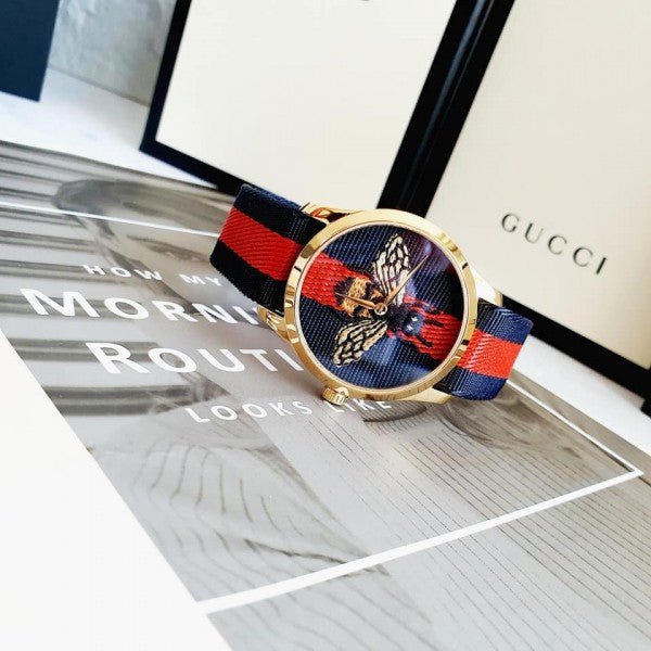 Gucci G Timeless Bee Red & Blue Dial Red Two Tone Nylon Strap Watch For Men - YA1264061 Watches Gucci   