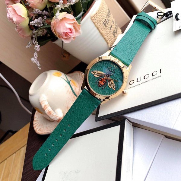 Gucci G Timeless Bee Green Dial Green Leather Strap Watch For Women - YA1264065 Watches Gucci   