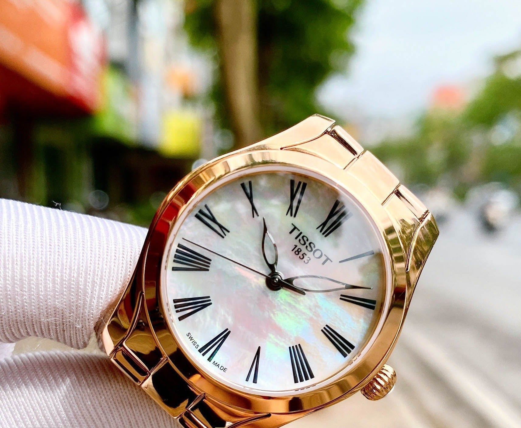 Tissot T Wave Mother of Pearl Dial Rose Gold Stainless Steel Watch For Women - T112.210.33.113.00 Watches Tissot   