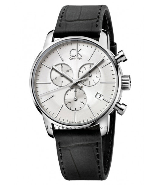 Calvin Klein City Chronograph Silver Dial Black Leather Strap Watch for Men - K2G271C6 Watches Calvin Klein   