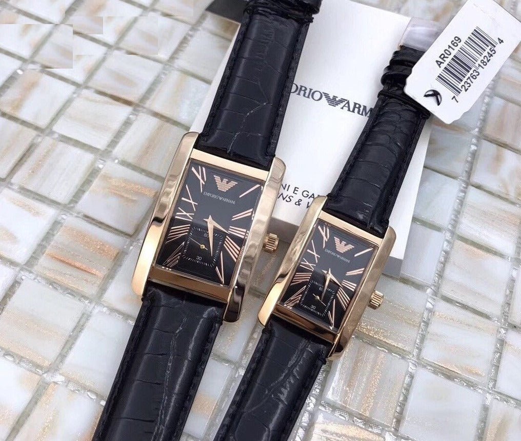 Emporio Armani Classic Black & Rose Gold Dial Black Leather Strap Watch For Men - AR0168 Watches Emporio Armani   