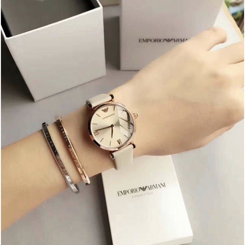 Emporio Armani Gianni T Bar Light Brown Dial White Leather Strap Watch For Women - AR1769 Watches Emporio Armani   