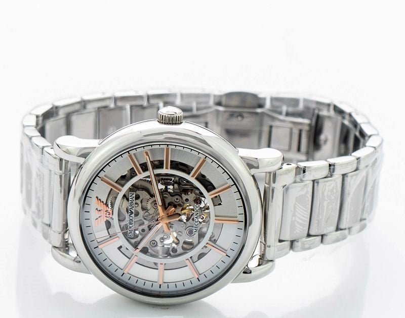 Emporio Armani Meccanico Silver Skeleton Dial Stainless Steel Watch For Men - AR1980 Watches Emporio Armani   