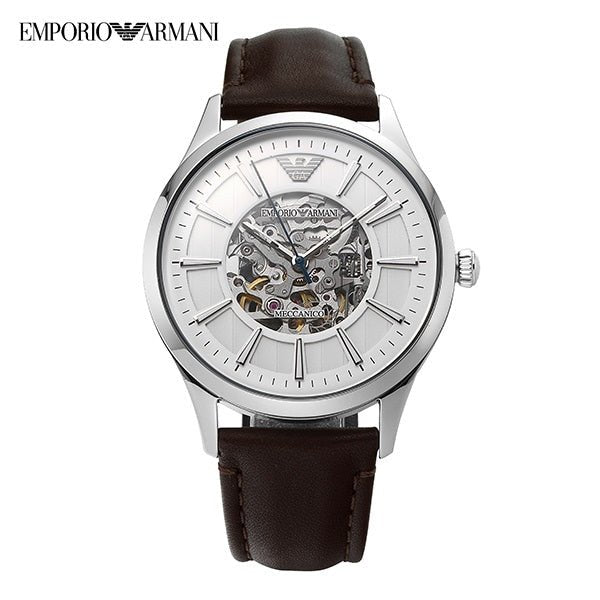 Emporio Armani Meccanico White Dial Brown Leather Strap Watch For Men - AR1946 Watches Emporio Armani   