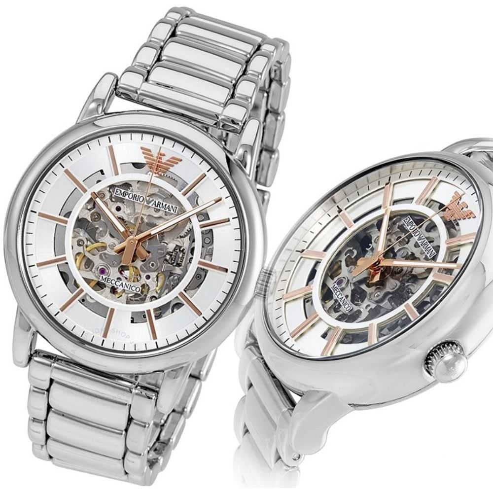 Emporio Armani Meccanico Silver Skeleton Dial Stainless Steel Watch For Men - AR1980 Watches Emporio Armani   