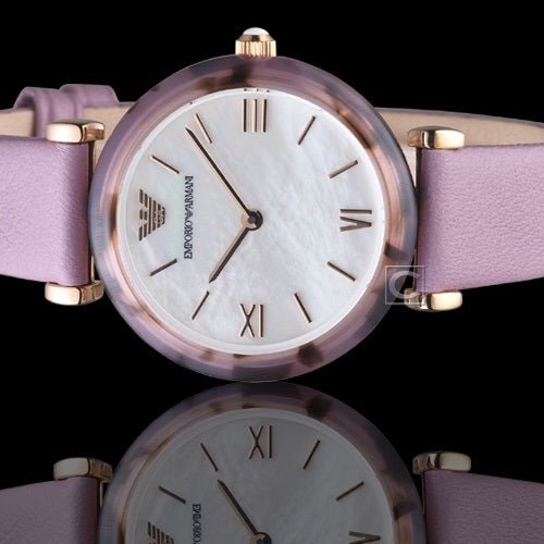 Emporio Armani Gianni Mother of Pearl Dial Purple Leather Strap Watch For Women - AR11003 Watches Emporio Armani   