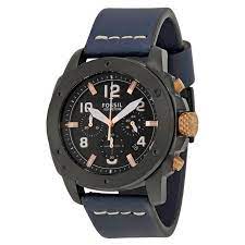 Fossil Modern Machine Chronograph Black Dial Blue Leather Strap Watch for Men - FS5066 Watches Fossil   