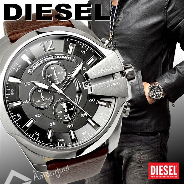 Diesel Mega Chief Black & Silver Round Dial Brown Leather Watch For Men - DZ4290 Watches Diesel   