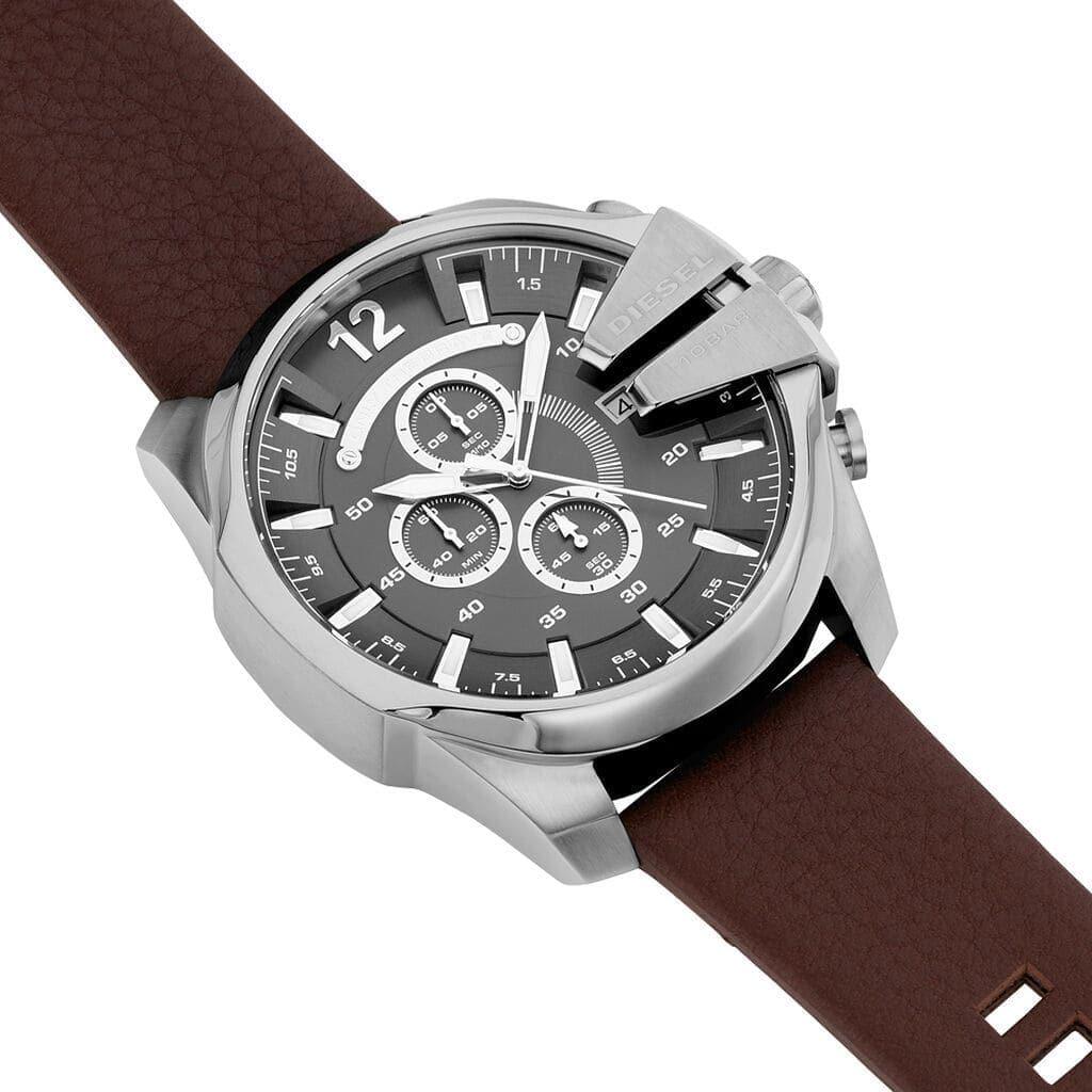Diesel Mega Chief Black & Silver Round Dial Brown Leather Watch For Men - DZ4290 Watches Diesel   