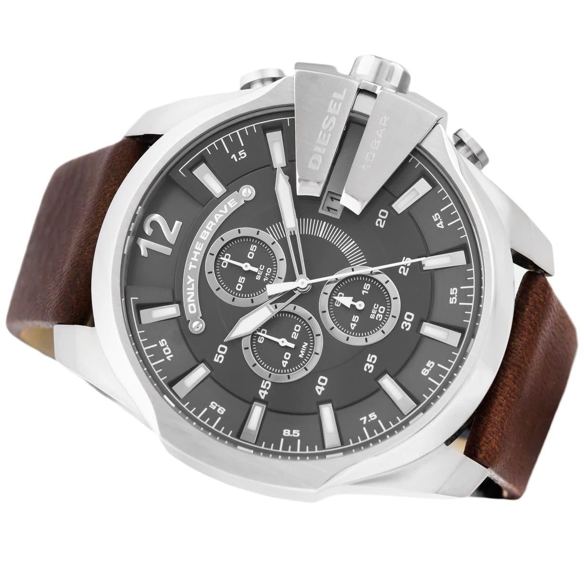 Diesel Mega Chief Black & Silver Round Dial Brown Leather Watch For Men - DZ4290 Watches Diesel   