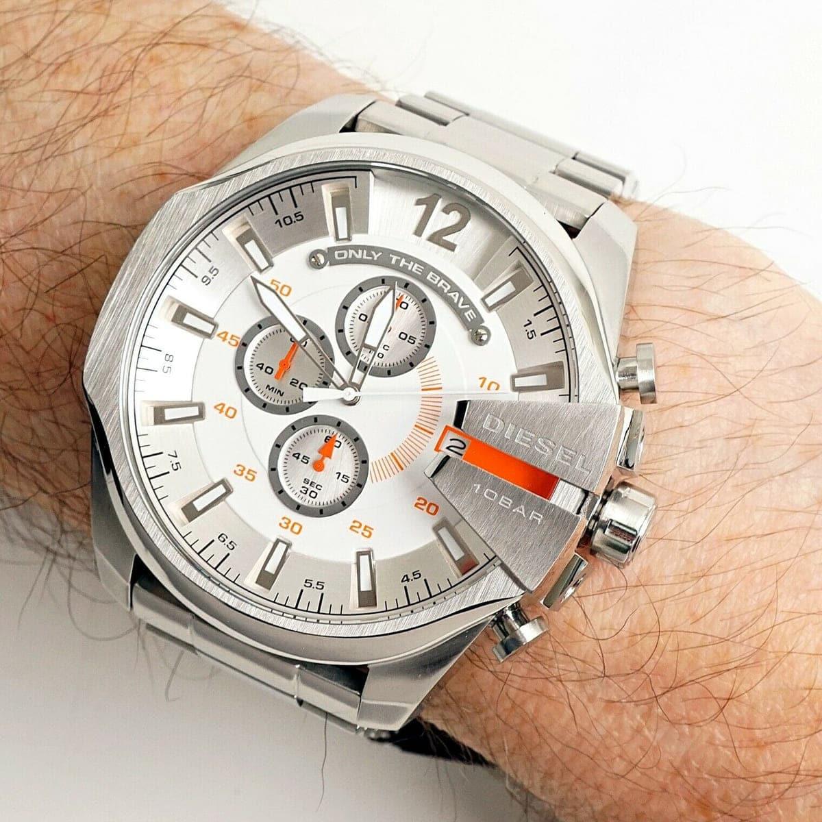 Diesel Mega Chief Quartz Chronograph White Dial Stainless Steel Strap Watch For Men - DZ4328 Watches Diesel   