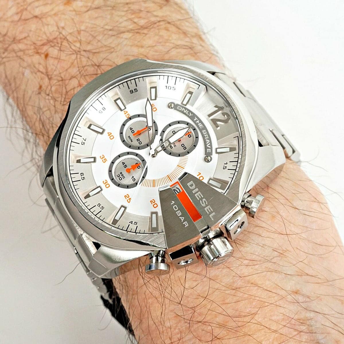 Diesel Mega Chief Quartz Chronograph White Dial Stainless Steel Strap Watch For Men - DZ4328 Watches Diesel   