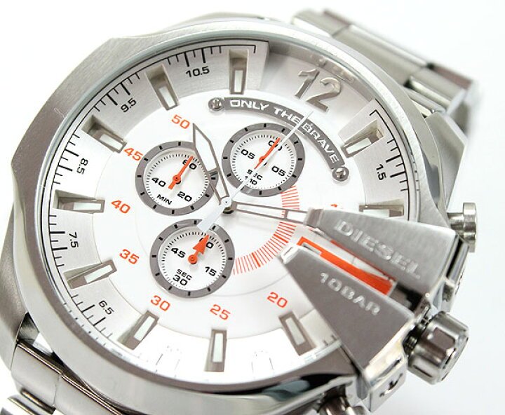 Diesel Mega Chief Quartz Chronograph White Dial Stainless Steel Strap Watch For Men - DZ4328 Watches Diesel   