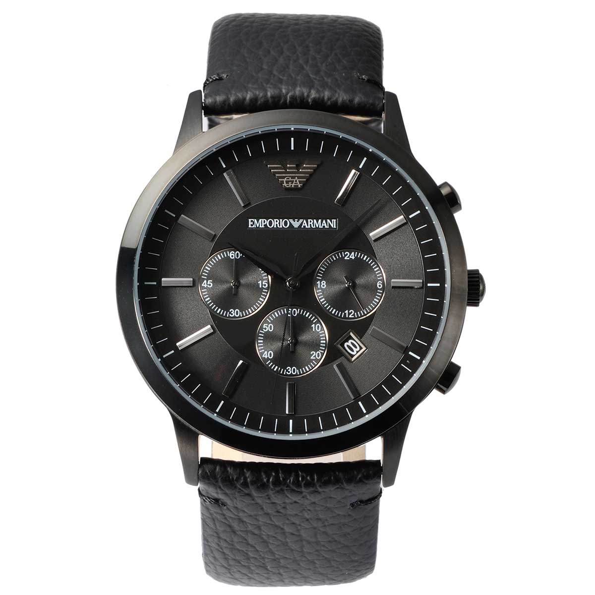 Emporio Armani Sportivo Chronograph Black Dial Black Leather Strap Watch For Men - AR2461 Watches Emporio Armani   