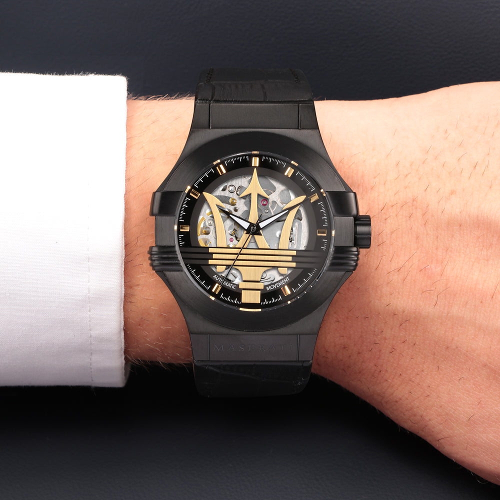 Maserati Potenza Skeleton Limited Edition Black Dial Black Leather Strap Watch For Men - R8821108027 Watches Maserati   