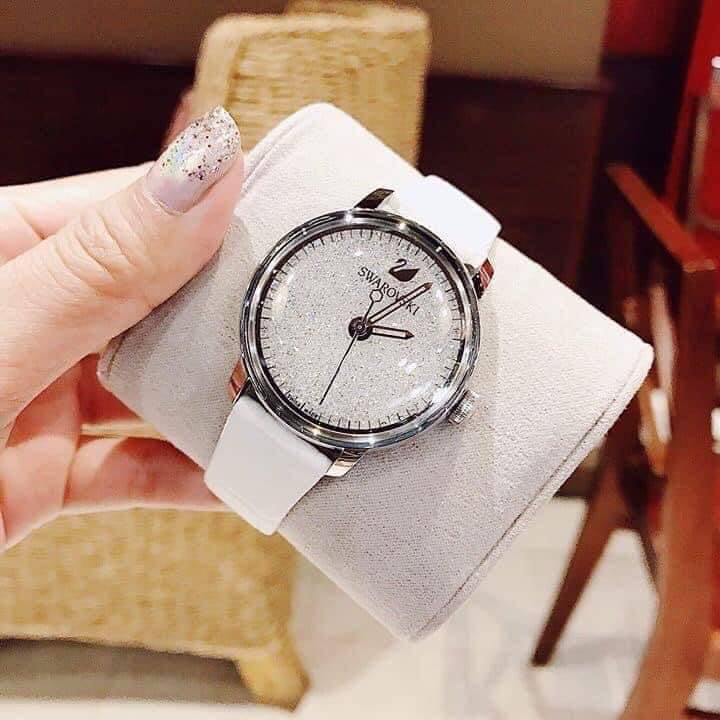 Swarovski Crystalline Hours Silver Dial White Leather Strap Watch for Women - 5295383 Watches Swarovski   