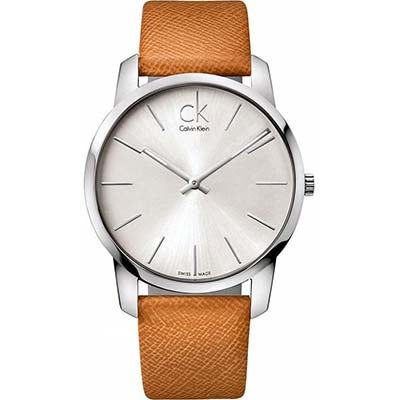 Calvin Klein City Silver Dial Orange Leather Strap Watch for Women - K2G231G6 Watches Calvin Klein   