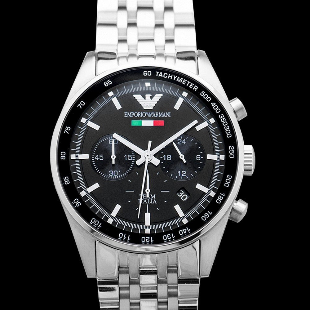 Emporio Armani Team Italia Chronograph Black Dial Silver Stainless Steel Strap Watch For Men - AR5983 Watches Emporio Armani   