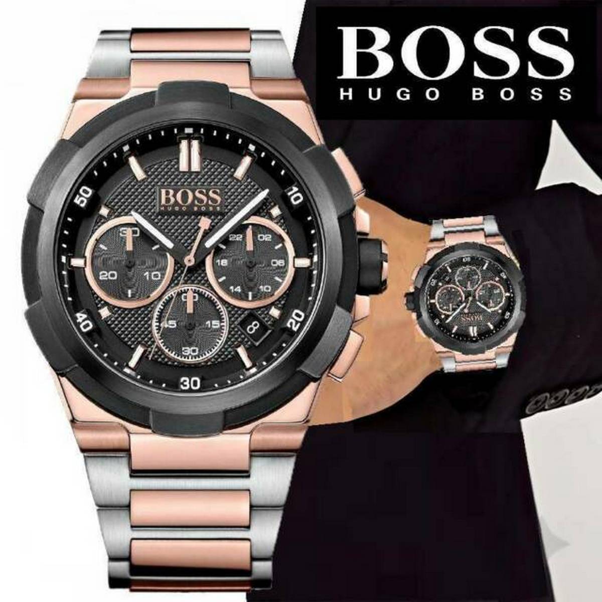 Hugo Boss Supernova Black Dial Two Tone Steel Strap Watch for Men - 1513358 Watches Hugo Boss   