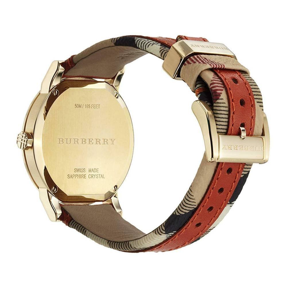 Burberry The City Gold Dial Orange Leather Strap Watch for Women - BU9016 Watches Burberry   