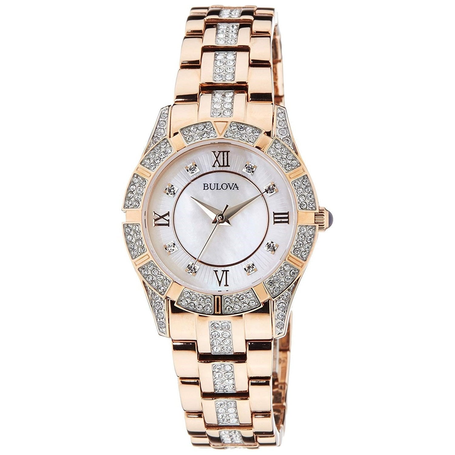 Bulova Crystal Mother of Pearl Dial Rose Gold Steel Strap Watch for Women - 98L197 Watches Bulova   