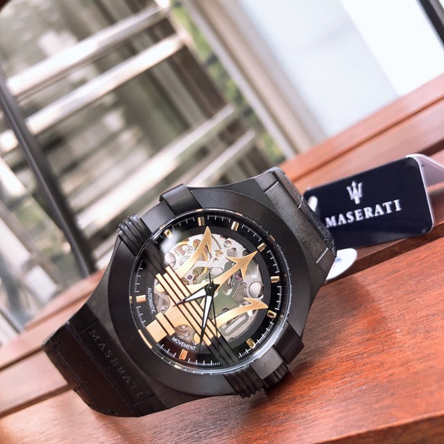 Maserati Potenza Skeleton Limited Edition Black Dial Black Leather Strap Watch For Men - R8821108027 Watches Maserati   