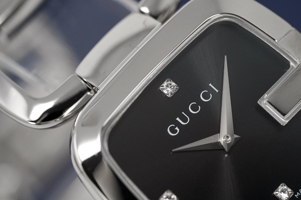 Gucci G Gucci Diamond Black Dial Silver Steel Strap Watch For Women - YA125406 Watches Gucci   