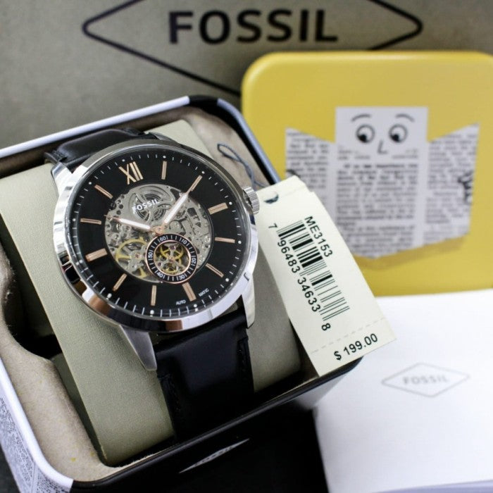 Fossil Townsman Skeleton Black Dial Black Leather Strap Watch for Men - ME3153 Watches Fossil   